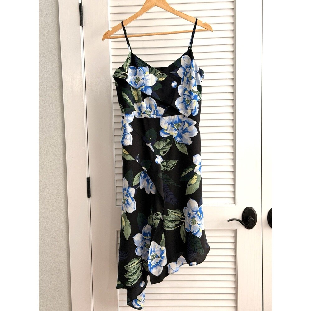 Banana Republic Floral Asymmetrical Handkerchief Hem Midi Dress Black Blue 6P